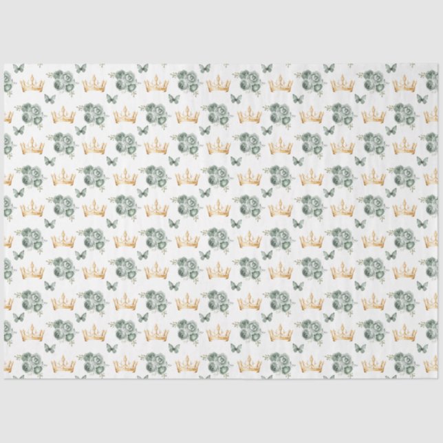 Sage Green Flowers and Gold Crowns Tissue Paper (Front)