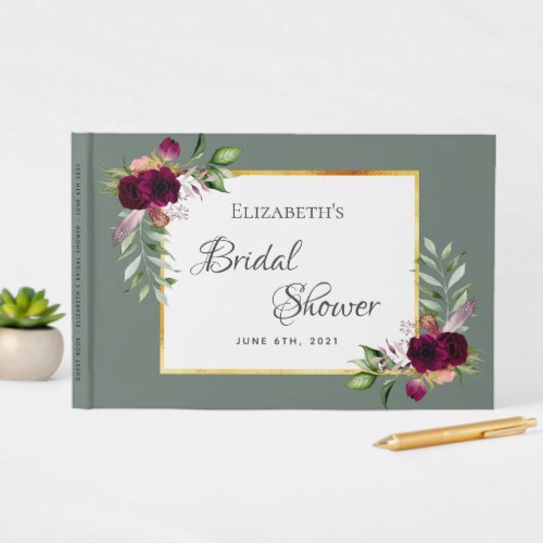 Sage green flowers burgundy Bridal Shower Guest Book