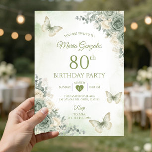 Sage Green Flowers Butterfly 80th Birthday Invitation