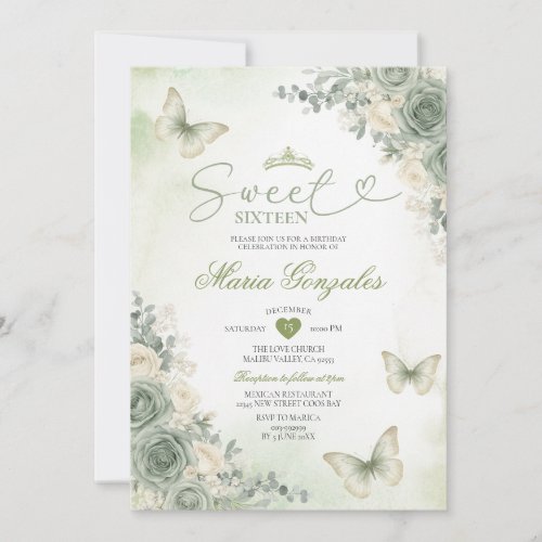 Sage Green Flowers Butterfly Girl Sweet Sixteen Invitation