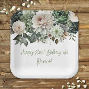 Sage Green Flowers Floral Party Paper Plates