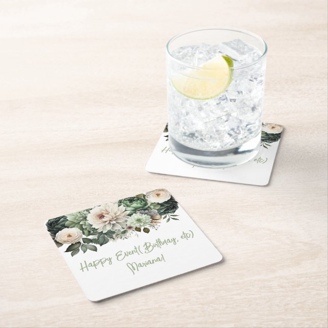 Sage Green Flowers Floral  Party Square Paper Coaster (Insitu)