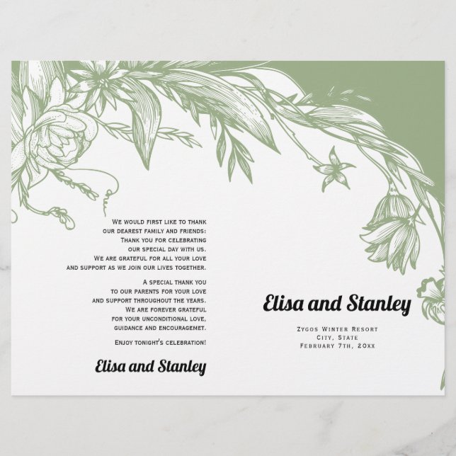 Sage green flowers typography folded program flyer (Front)