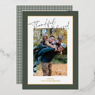 Sage Green foil gingham Thanksgiving family photo Foil Holiday Card