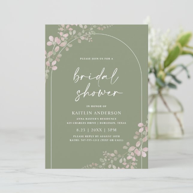 Sage Green Foliage Boho Arch Bridal Shower Invitation (Standing Front)