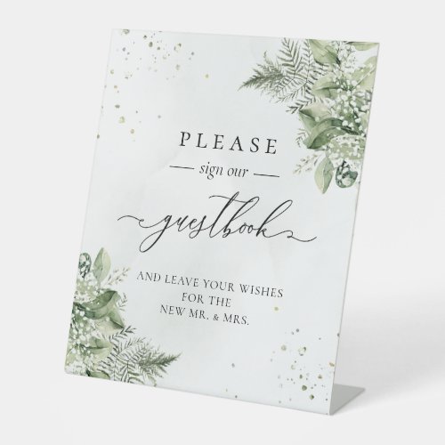 Sage Green Foliage Botanical Wedding Guestbook Pedestal Sign