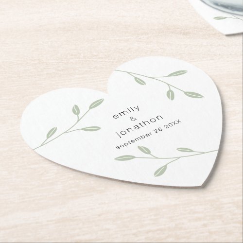 Sage Green Foliage Dusty Names Date Wedding Heart  Paper Coaster