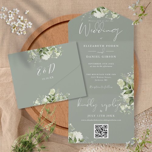 Sage Green Foliage Floral QR Code Monogram Wedding All In One Invitation