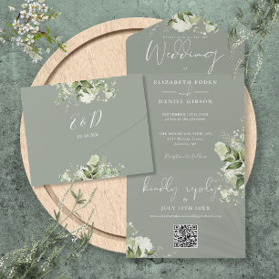 Sage Green Foliage Floral QR Code Monogram Wedding All In One Invitation