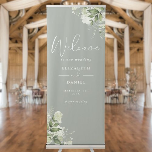 Sage Green Foliage Floral Wedding Welcome Retractable Banner