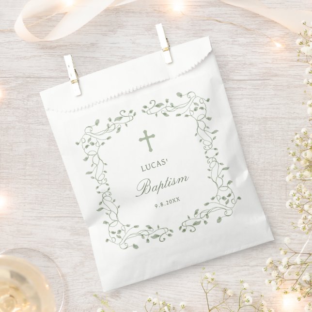 Sage Green Foliage Frame Baptism Favor Bag (Clipped)