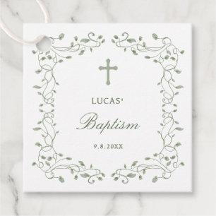 Sage Green Foliage Frame Baptism Favor Tags
