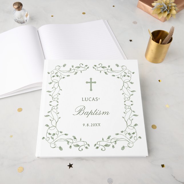 Sage Green Foliage Frame Baptism Guest Book (Front Open)