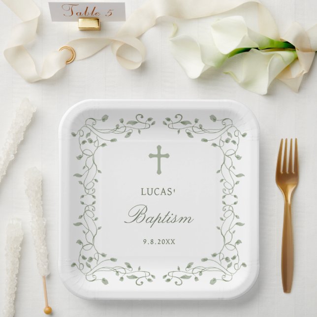 Sage Green Foliage Frame Baptism Paper Plates (Wedding)