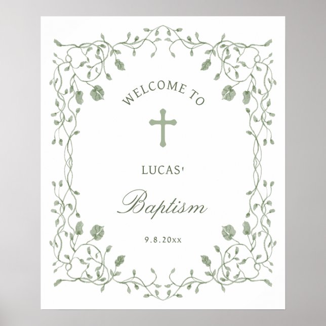 Sage Green Foliage Frame Baptism Welcome Poster (Front)