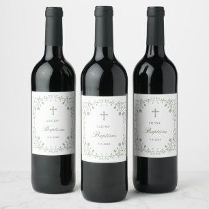 Sage Green Foliage Frame Baptism Wine Label
