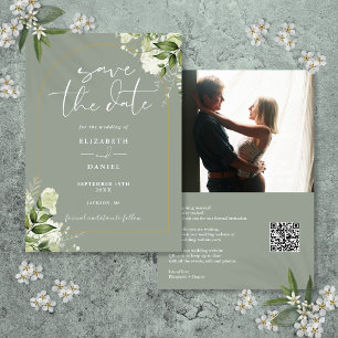 Sage Green Foliage Gold Arch Photo QR Code Wedding Save The Date