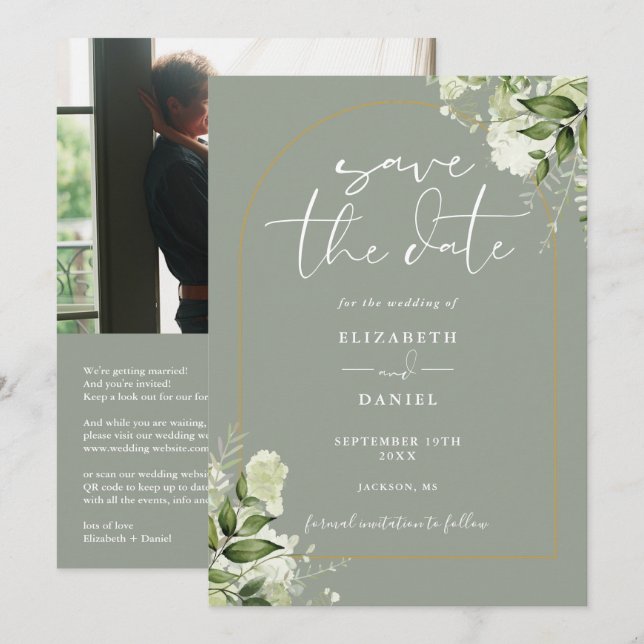 Sage Green Foliage Gold Arch Photo QR Code Wedding Save The Date (Front/Back)