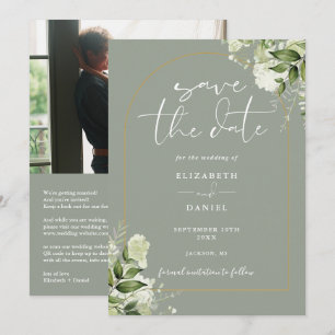 Sage Green Foliage Gold Arch Photo QR Code Wedding Save The Date