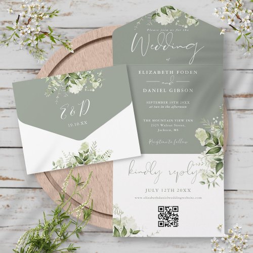 Sage Green Foliage QR Code Monogram Wedding All In One Invitation