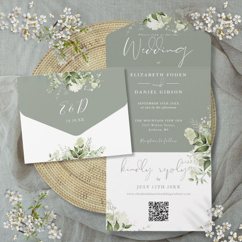 Sage Green Foliage QR Code Monogram Wedding All In One Invitation