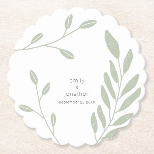 Sage Green Foliage Text Names Date Wedding Paper Coaster