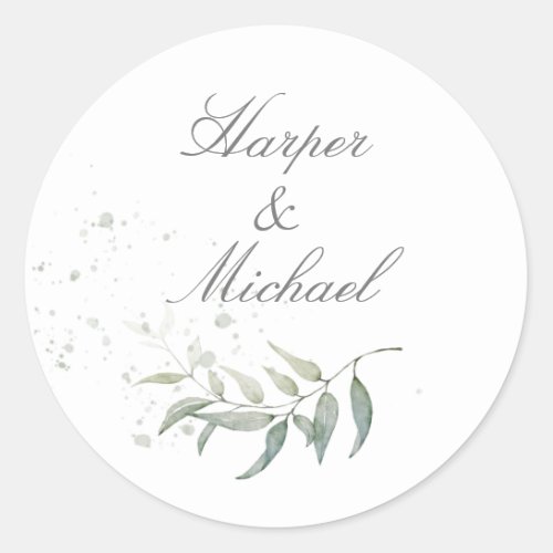 Sage green foliage wedding classic round sticker