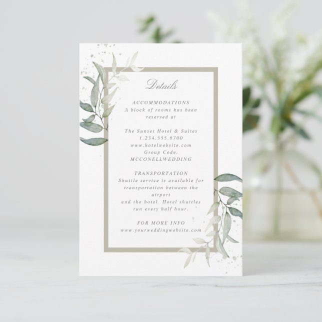 Sage green foliage wedding details enclosure card (Standing Front)
