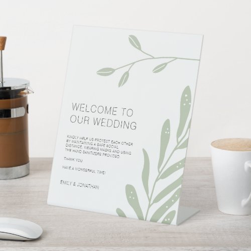 Sage Green Foliage Welcome to Wedding Covid safety Pedestal Sign