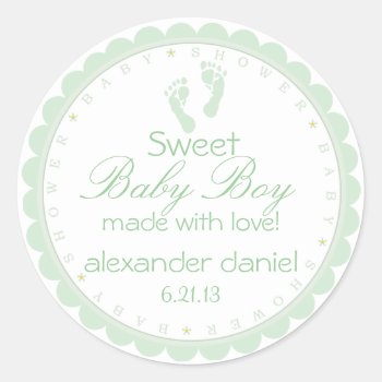 Sage Green Footprints Baby Boy Shower Classic Round Sticker by hungaricanprincess at Zazzle