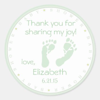 Sage Green Footprints Baby Shower Thank You Classic Round Sticker by hungaricanprincess at Zazzle