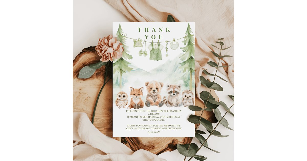 Sage Green Forest Adventure Baby Shower Thank You Card | Zazzle