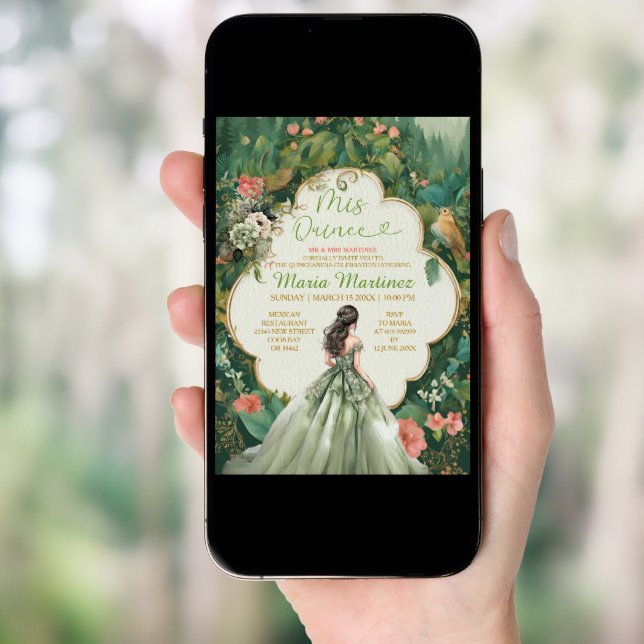 Sage Green Forest Dress Floral Princess Mis Quince Invitation (Front Digital)