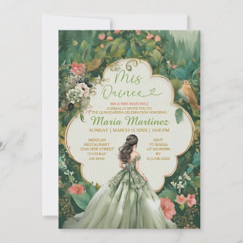 Sage Green Forest Dress Floral Princess Mis Quince Invitation