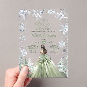 Sage Green Forest Winter Princess Mis Quince Acrylic Invitations