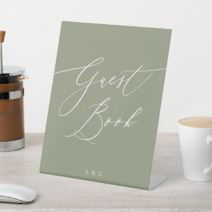 Sage Green Formal Calligraphy Wedding Guest Book Pedestal Sign