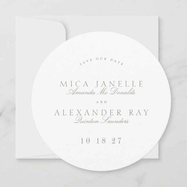 Sage Green Formal Classic Calligraphy Round Photo Save The Date (Front)