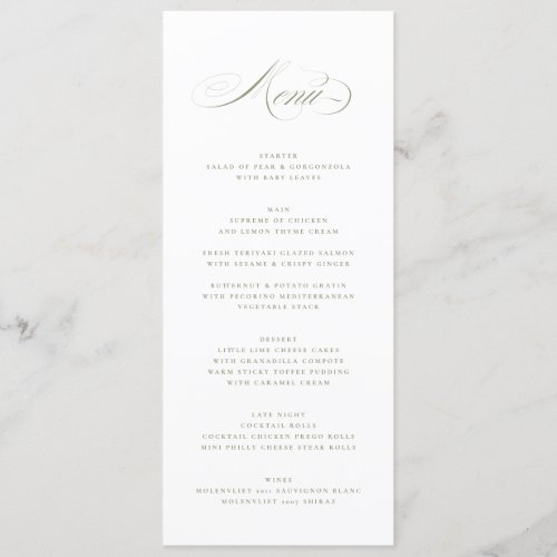 Sage Green Formal Elegant Calligraphy Wedding Menu