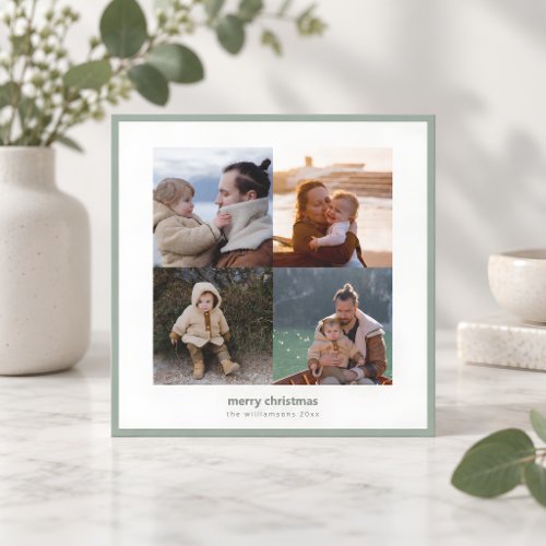 Sage Green Four Photo Modern Minimalist Christmas Holiday Card