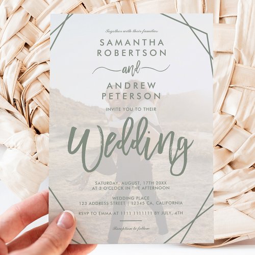 Sage green frame simple photo script wedding invitation