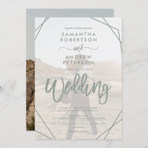 Sage green frame simple photo script wedding invitation