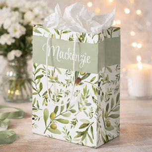 Sage Green French Country Chic Olive Name Monogram Medium Gift Bag