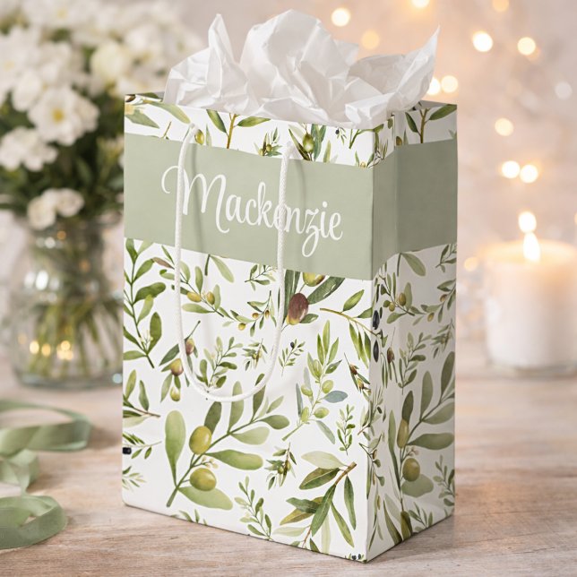 Sage Green French Country Chic Olive Name Monogram Medium Gift Bag (Creator Uploaded)