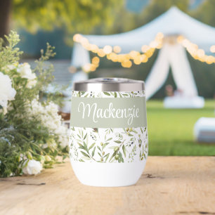Sage Green French Country Chic Olive Name Monogram Thermal Wine Tumbler
