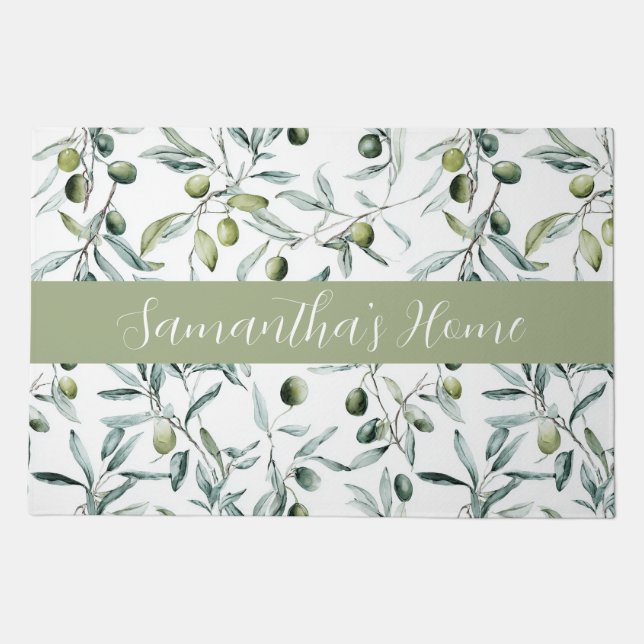 Sage Green French Country Olive Name Doormat (Front)
