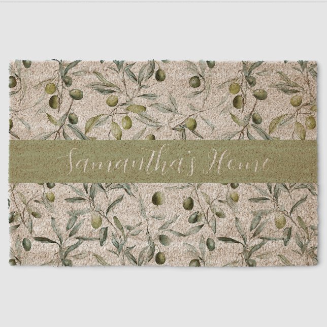 Sage Green French Country Olive Name  Fiber Doormat (Front)