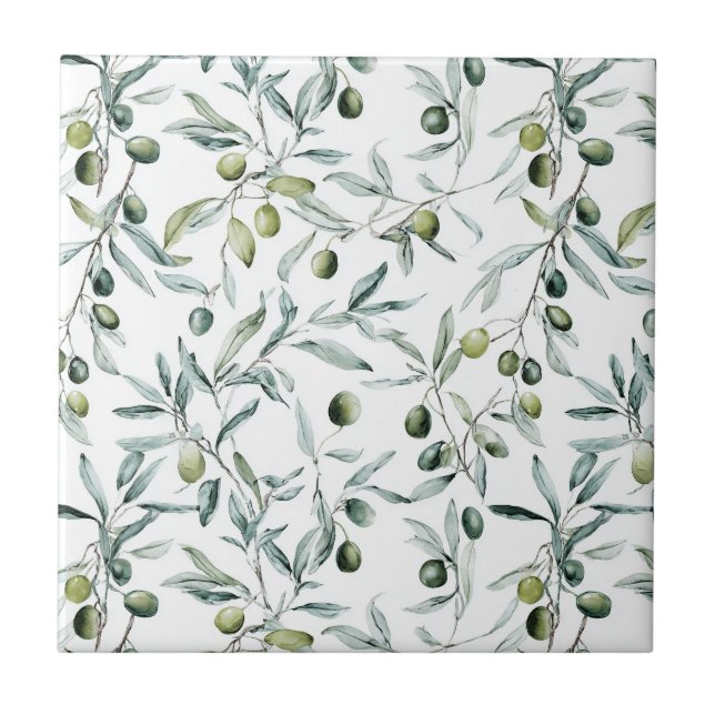 Sage Green French Country Watercolor Olive Ceramic Tile (Front)
