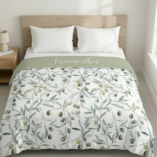Sage Green French Country Watercolor Olive Name Duvet Cover