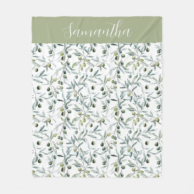 Sage Green French Country Watercolor Olive Name  Fleece Blanket (Front)