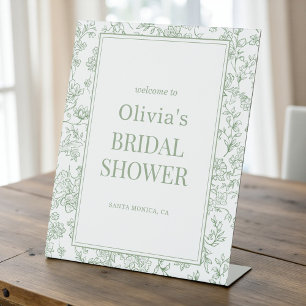 Sage Green French Floral Bridal Shower Welcome Pedestal Sign